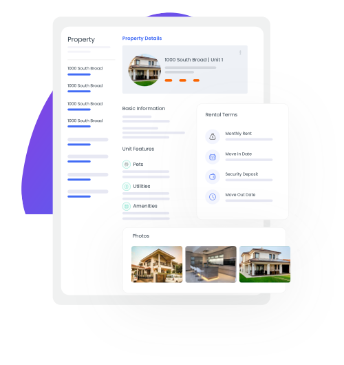 Property listing management interface showing property details, rental terms, unit features, and photo uploads