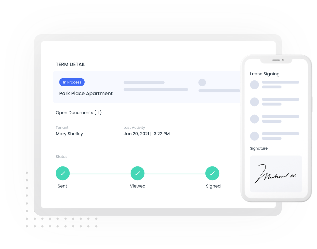 Leasing velocity dashboard showing mobile app and signing reminders